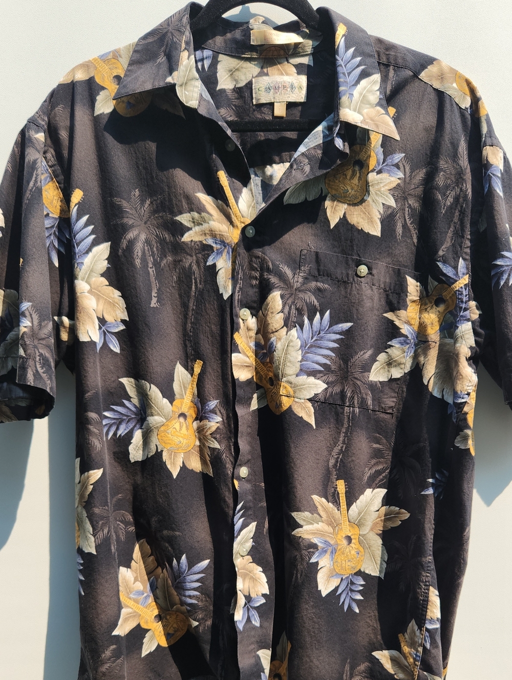 CAMPIA COTTON Black Short-Sleeve Button-Down with Yellow Guitar Print